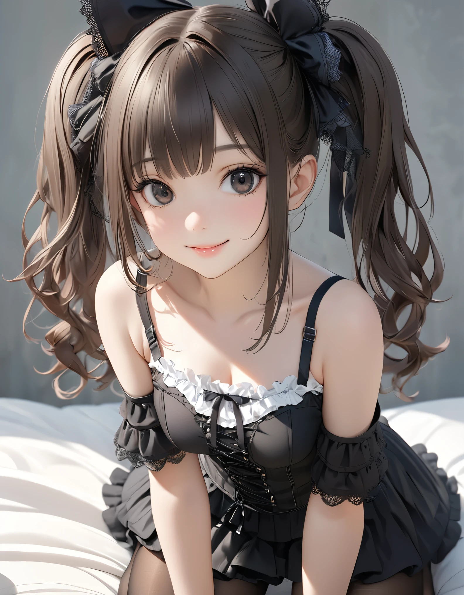 masterpiece, 8K, photorealistic, Raw photo, best quality, ultra high resolution, 1girl, solo, 12 year old female of Photorealistic anime girl, (Gothic Lolita Fashion, hair ribbon, see-through camisole, breastless clothes, corset, mini skirt, frills, side tie panties, black pantyhose, high heels), (cute), (little:1.3), (very beautiful face:1.5), (Beautiful face with perfect symmetry:1.2), (cute face:1.3), (natural breasts:1.3), (wonderful smile:1.3), (high detail skin:1.5), (perfect anatomy), (Beautiful Dark brown short tiered hair, V cut with layers and bangs:1.2), (Beautiful black eyes:1.3), (Soft atmosphere characteristics), ((perfect Pause)), (Face close-up:1.3), volume lighting, soft light, bright,