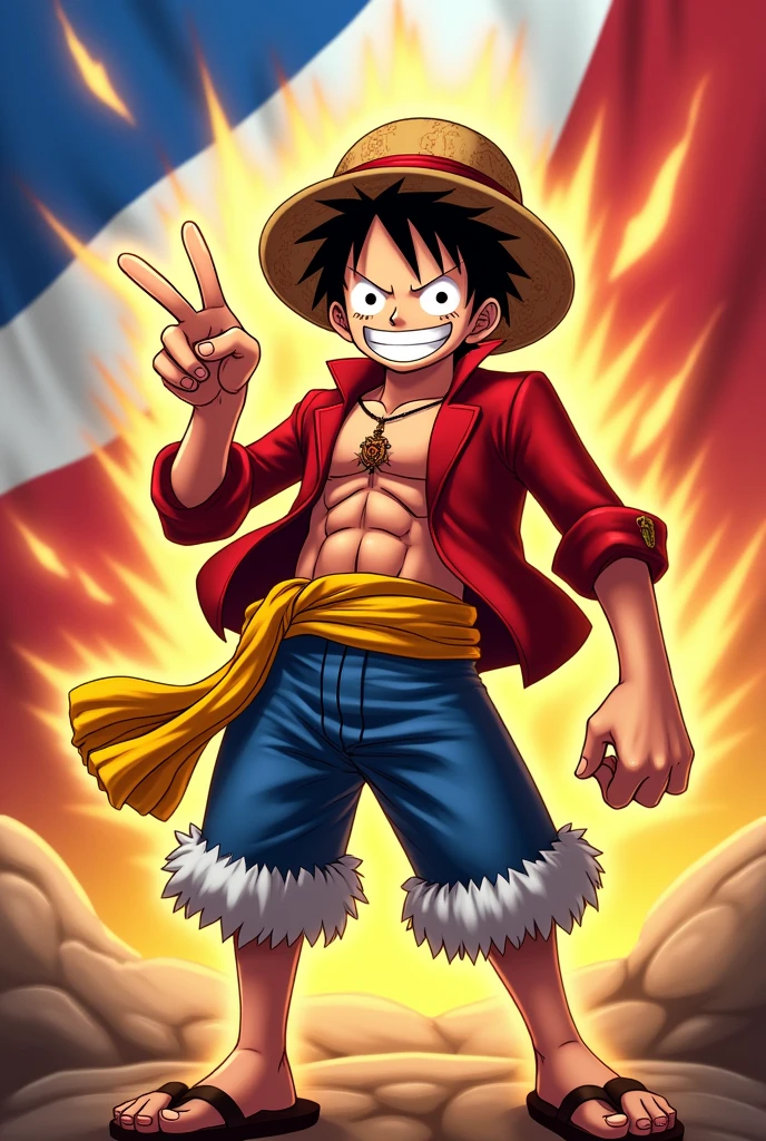 luffy gear 5 one piece doing peace sign wearing a philippine flag pattern