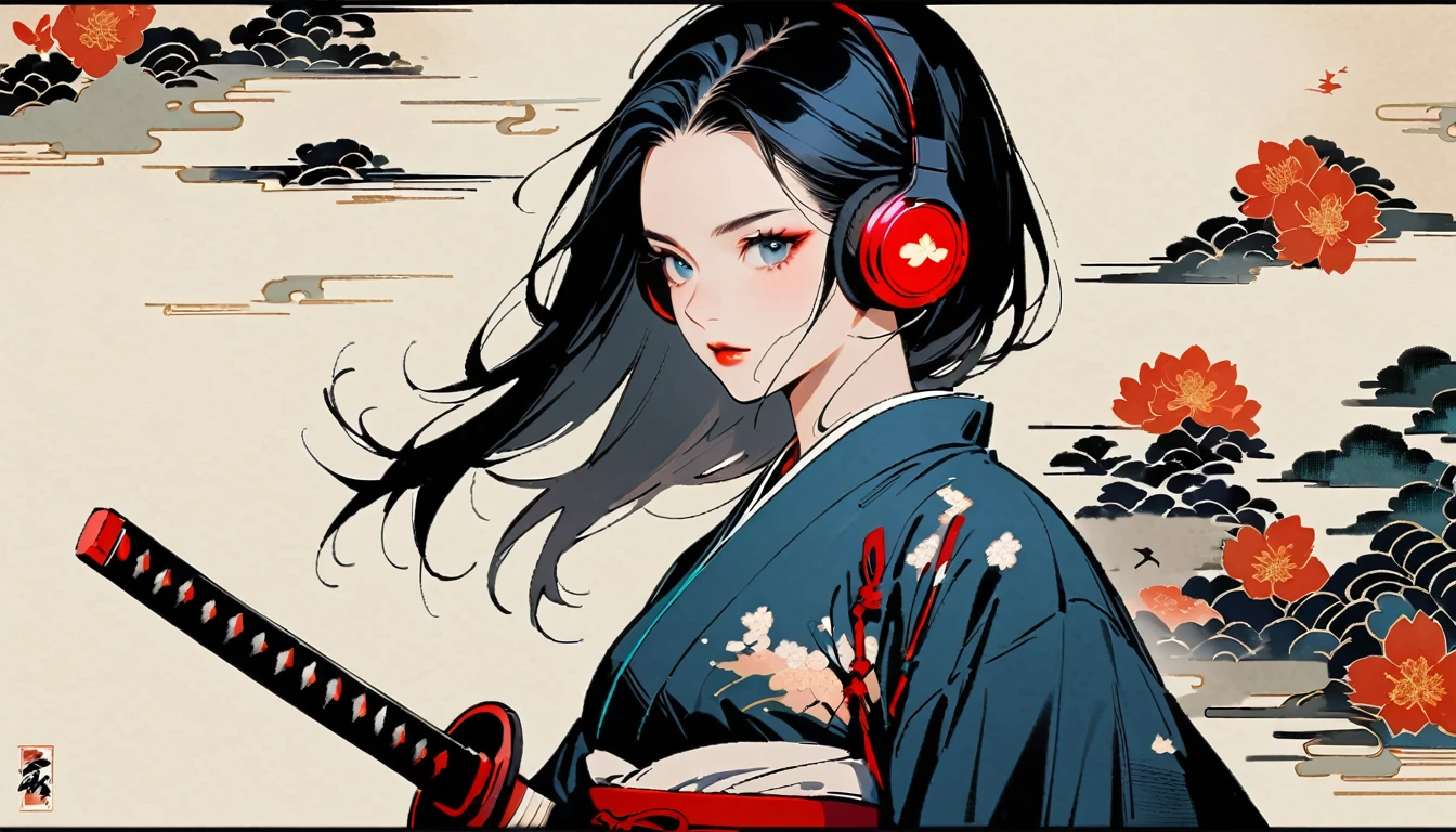 Ink Painting, (((1 girl))), (((samurai))), (((Japanese sword))), (((Swordsman))), (((Kimono with butterfly print))), Japanese style headphones, beautiful girl, Black Hair, Delicate and precise, Modern ukiyo-e style, Black and red neon