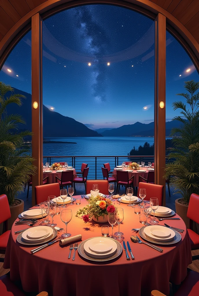A large banquet hall on a cruise ship Night view Luxury Resort Hotel, Highly detailed landscape, Nice views, Shimizu, Relaxing lounge area, Impeccable service, Delicious cocktails, 海のNight viewビューを楽しめる高級レストラン, Quiet and tranquil atmosphere, romantic, Soft and warm ambient lighting, rich and vivid colors, Luxury and sophistication, Surreal,Highest quality