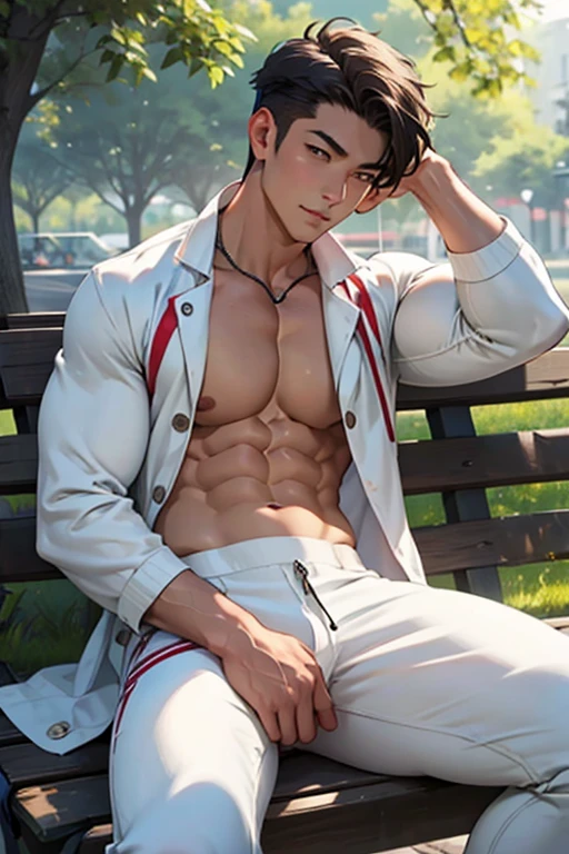 A muscular man in a white jumpsuit is sitting on a park bench and looking at the camera、belly button、A face like a girl's manga、