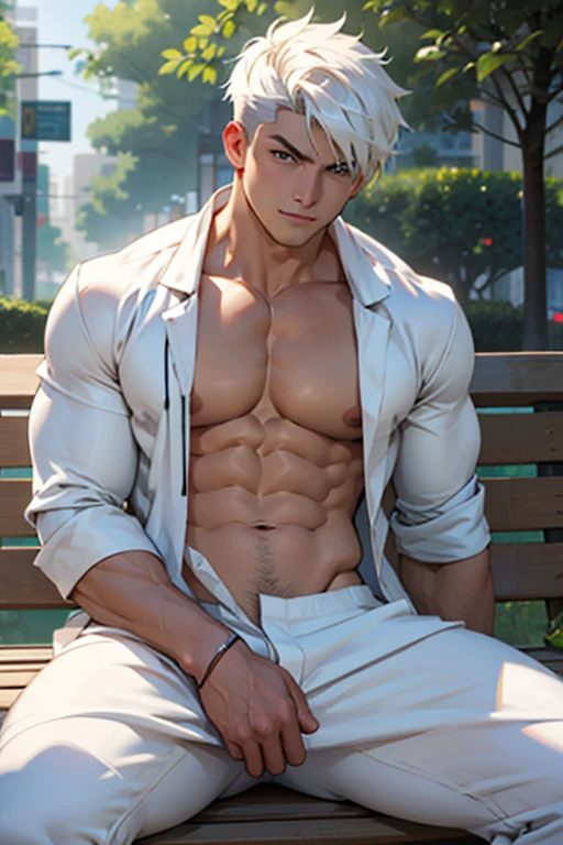 A muscular man in a white jumpsuit is sitting on a park bench and looking at the camera、belly button、A face like a girl's manga、