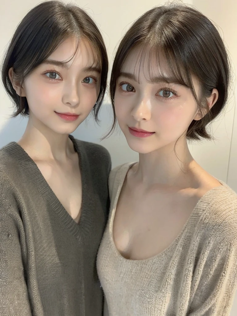 (masterpiece:1.3), (8k, Photoreal, Raw photo, best image quality: 1.4), Japanese high school girl、(random hairstyle:1.2)、cleavage:1.5、super detail face、eye for details、double eyelid、chest to chest、sharp focus:1.2、Beautiful woman:1.4、light brown hair、highest quality、masterpiece、超A high resolution、(Photoreal:1.4)、Highly detailed and professionally lit smiles、loose and light knitwear、shoulder out、thin、serious expression、short haired、deadly position
similar identical twins
All the girls have the exact same face, The two have the same face and figure, as if they were mirror images.