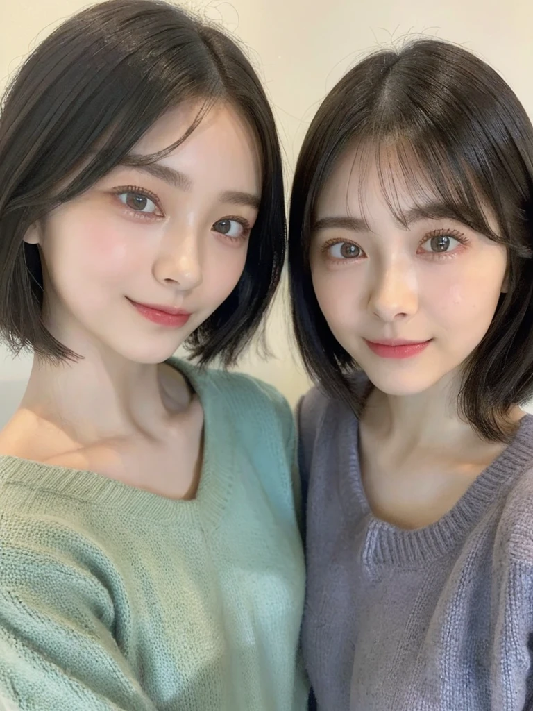 (masterpiece:1.3), (8k, Photoreal, Raw photo, best image quality: 1.4), Japanese high school girl、(random hairstyle:1.2)、cleavage:1.5、super detail face、eye for details、double eyelid、chest to chest、sharp focus:1.2、Beautiful woman:1.4、light brown hair、highest quality、masterpiece、超A high resolution、(Photoreal:1.4)、Highly detailed and professionally lit smiles、loose and light knitwear、shoulder out、thin、serious expression、short haired、deadly position
similar identical twins
All the girls have the exact same face, The two have the same face and figure, as if they were mirror images.