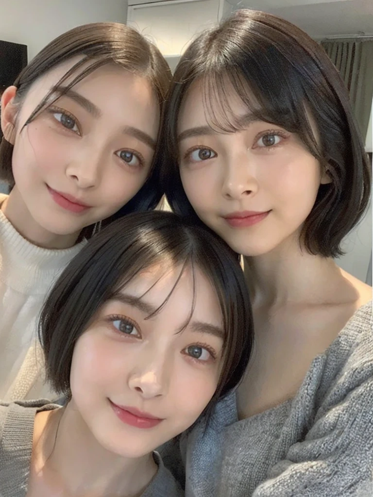 (masterpiece:1.3), (8k, Photoreal, Raw photo, best image quality: 1.4), Japanese high school girl、(random hairstyle:1.2)、cleavage:1.5、super detail face、eye for details、double eyelid、chest to chest、sharp focus:1.2、Beautiful woman:1.4、light brown hair、highest quality、masterpiece、超A high resolution、(Photoreal:1.4)、Highly detailed and professionally lit smiles、loose and light knitwear、shoulder out、thin、serious expression、short haired、deadly position
similar identical twins
All the girls have the exact same face, The two have the same face and figure, as if they were mirror images.