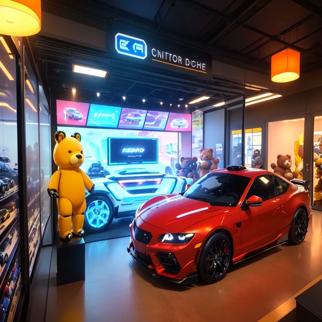 Arafed car in a showroom with a teddy bear on display, car trading game, octa 8k, inside a car dealership, Futuristic cars and mecha robots., sports car in the room, Beeple masterpiece, showroom scene, Beeple |, A wide shot, 🕹️ 😎 🔫 🤖 🚬, Sha Xi, akira and bumblebee
