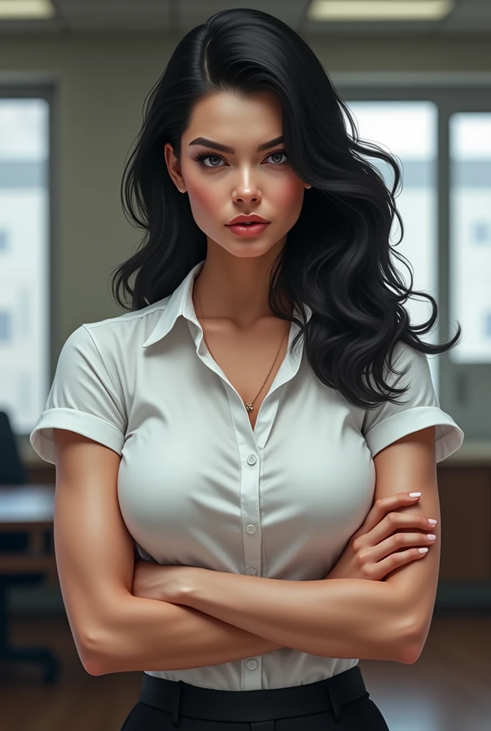 Woman with muscular arms, fitted white shirt, black hair, White skin, crossed arms, attractive, high, intimidating look, office background 