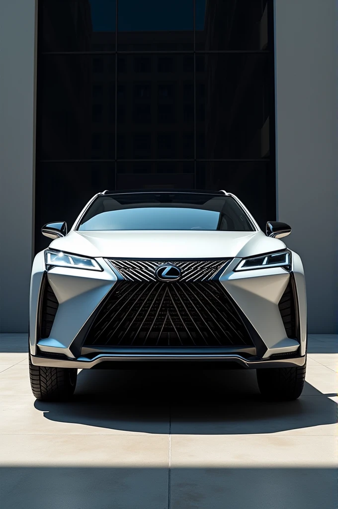 Features a new design, the front, very realistic 2025 lexus lbx suv, with sonic quartz color, super ultra hd quality, shiny clear black glass, upright front, in line with the concept of the car, 2025 lexus lbx suv, with bare floor, wall background.