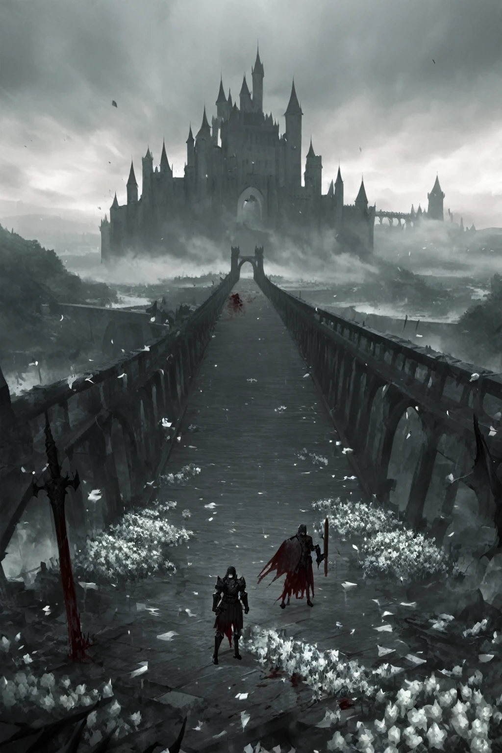 Big Wide Bridge, castle in the background, haze, brutally excessive, great knight with shield standing on top of bridge, fallen knights, corpses, karo, blood on the bridge, white flowers under the bridge, stunning landscape (dreamy landscape)