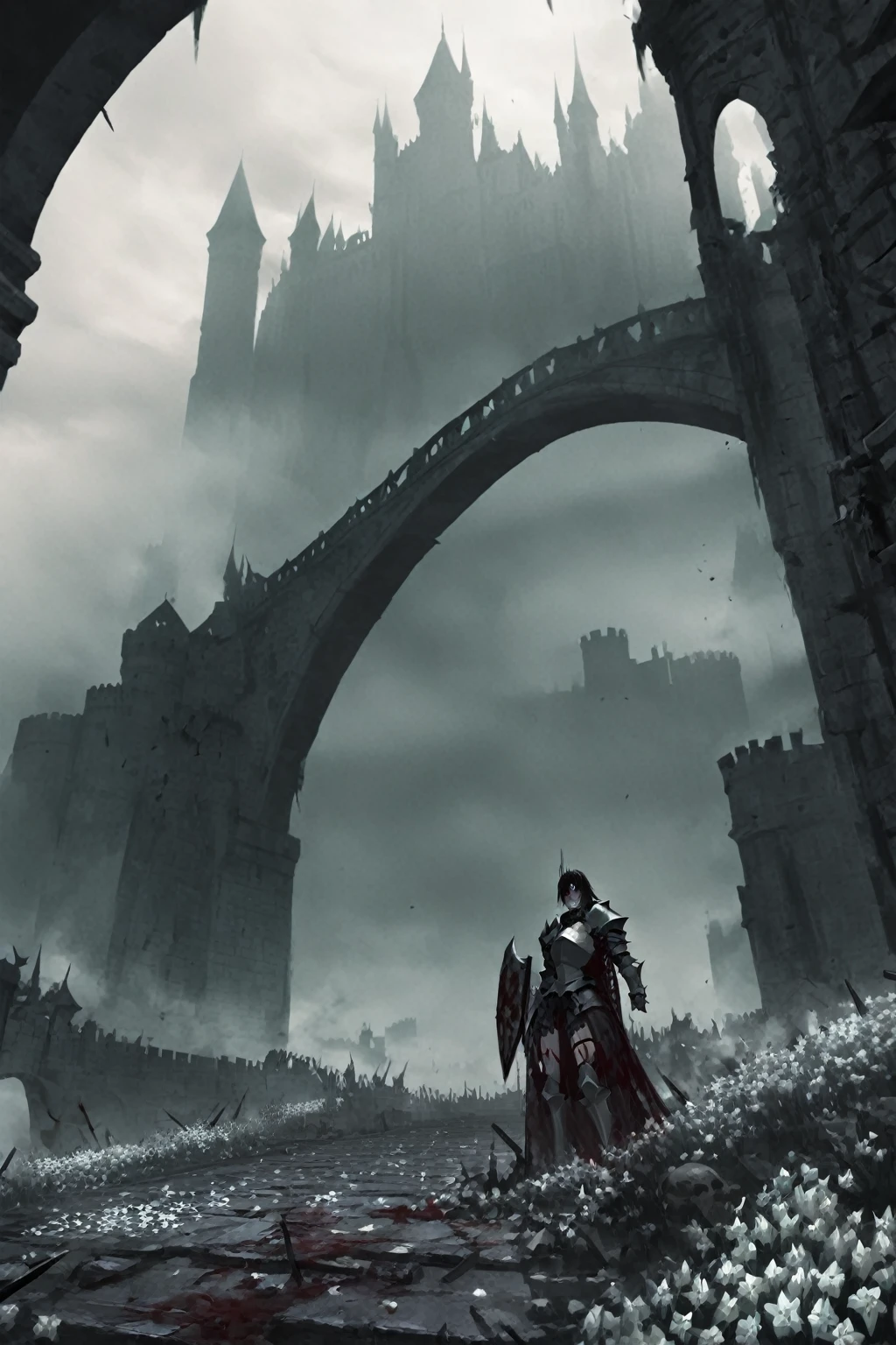 Big Wide Bridge, castle in the background, haze, brutally excessive, great knight with shield standing on top of bridge, fallen knights, corpses, karo, blood on the bridge, white flowers under the bridge, stunning landscape (dreamy landscape)