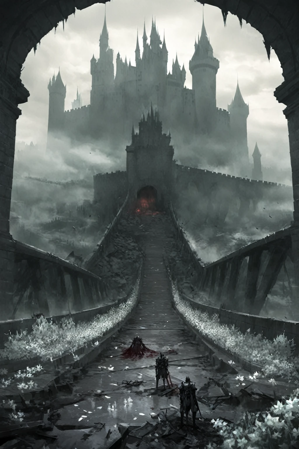 Big Wide Bridge, castle in the background, haze, brutally excessive, great knight with shield standing on top of bridge, fallen knights, corpses, karo, blood on the bridge, white flowers under the bridge, stunning landscape (dreamy landscape)