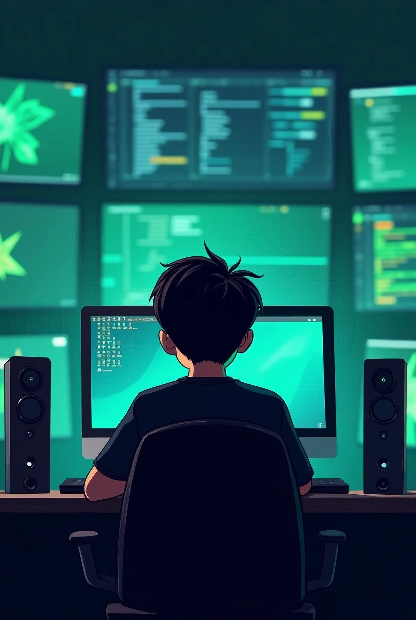 I want a background with screens and green and blue LED lights and in the middle there is an 18-year-old boy with a black t-shirt sitting in a desk chair with his back to the screens in a cartoon style and the image is 1024 * 576 pixels in size