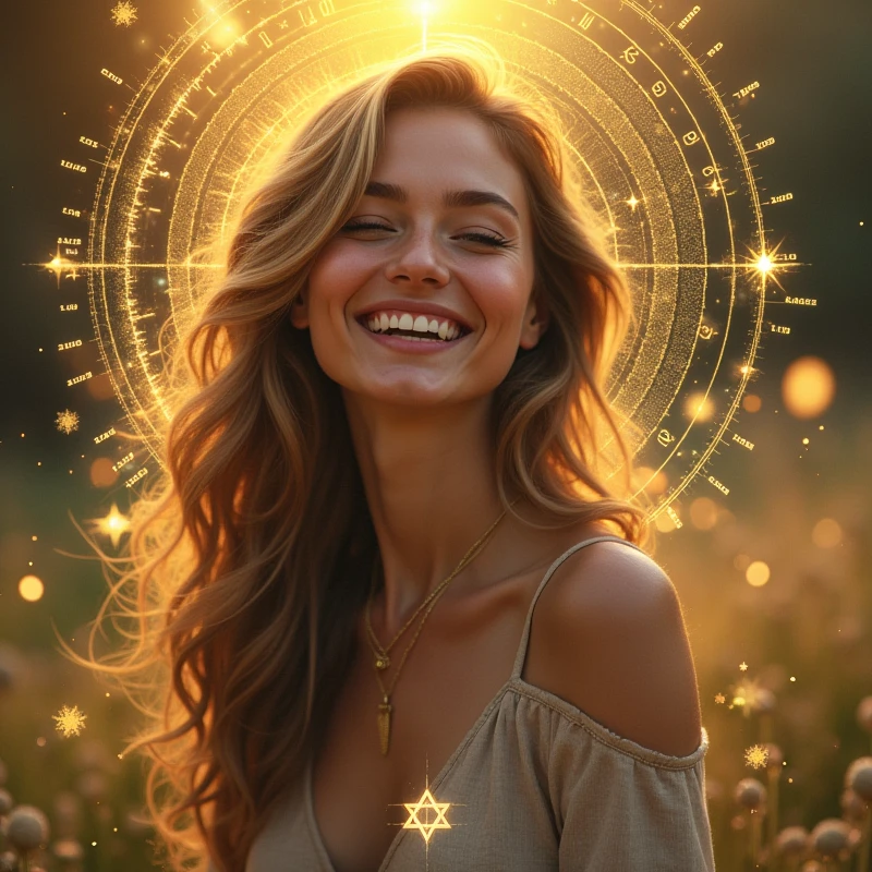 A modern and attractive visual art could be composed in the following way:

main image: a woman smiling, in a natural environment at sunrise or sunset, transmitting serenity and confidence.

Additional Elements:

Discreet Star of David in the lower corner, symbolizing kabbalistic numerology. 
(Graphic elements) NUMBERS 0 to 9 - golden lights radiating around the woman, suggesting enlightenment and new beginnings.
A small numerological chart or diagram next to the main image, to suggest map content.
This image should be engaging and catch the eye right away., leading the person to read the message with interest and motivation.