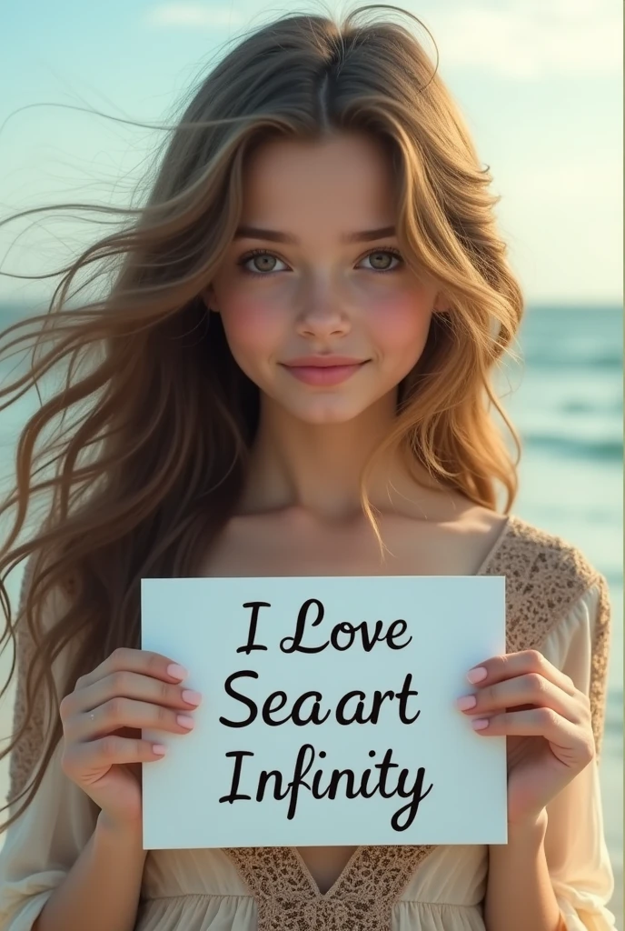 Beautiful girl with wavy long hair, bohemian dress, holding a white board with text "I Love Seaart Infinity" and showing it to the viewer