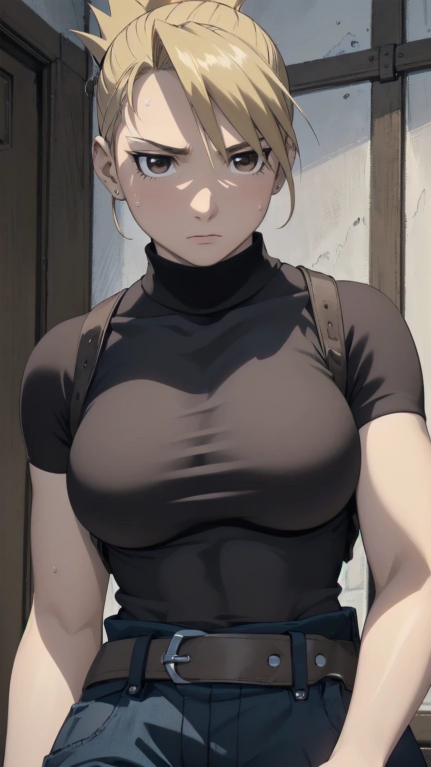 masterpiece, highest quality, High resolution, One Girl, Hamriz, ponytail, Brown eyes,big , Black Shirt, Tight shirt, holster, Short sleeve, belt, Covered navel, Blue pants,indoor、Upper body close-up、Muscular body、blush、Sweat、Composition from the front、anime、(((Close-up of a person、Facing forward)))