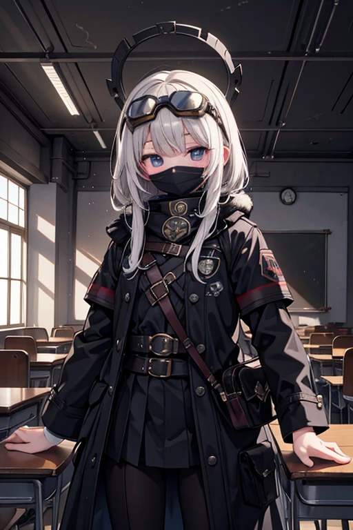 masterpiece,best quality,super detailed,super fine illustration,8k,English Teacher,class room,Gus Mask,Helmet,black coat,apocalypse world,E Armband,goggles,I'm teaching a class.