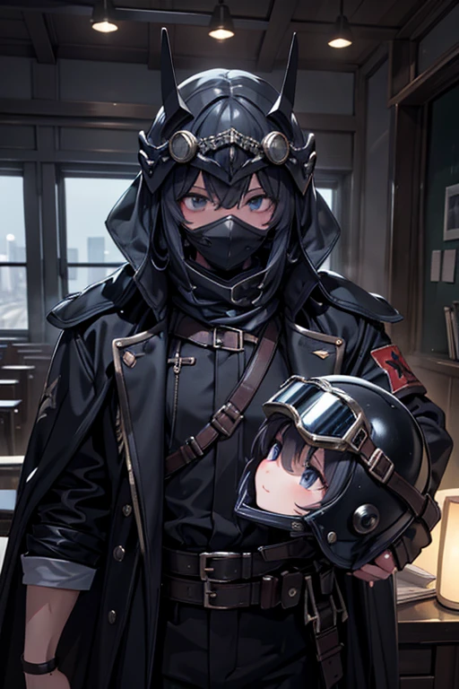 masterpiece,best quality,super detailed,super fine illustration,8k,English Teacher,class room,Gus Mask,Helmet,black coat,apocalypse world,E Armband,goggles,I&#39;m teaching a class.