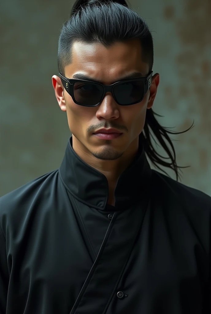 Kojo character , , wearing Kung Fu suite , close face , wearing eye band , clothe color black , realistic, 4 k , with devil smile