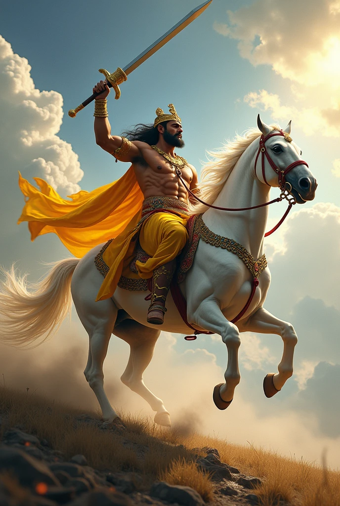 Create a image of lord Kalki, he is a king, riding a white horse and a long sword in his hand. Wearing yellow dhoti. Looking like a warrior.