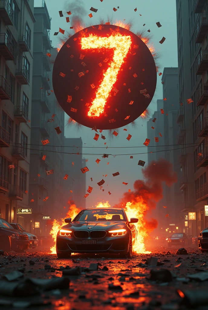 7Mandrak7 logo written on top of several buildings , car on fire , money rain 