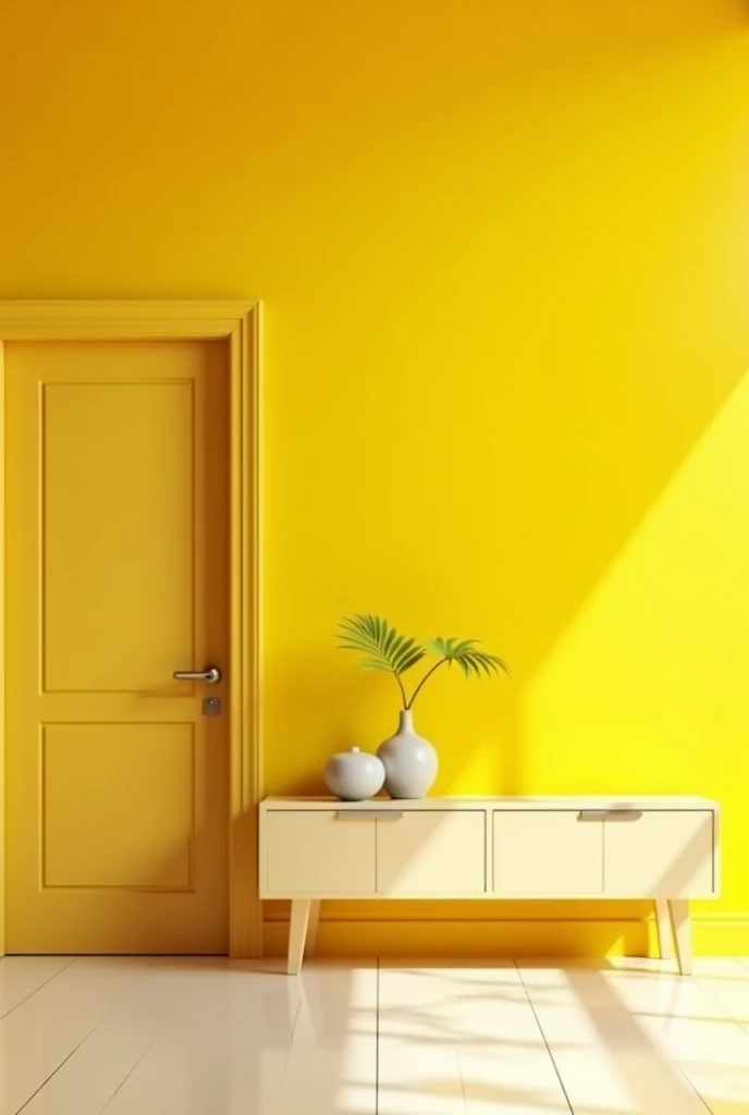 Tv desk for yellow colour theme wall, entry door to its left,