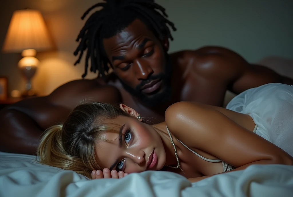 (Photorealsitic:1.4), (masterpiece:1.3), (top-quality:1.4), ultrarealistic
sexy well proportioned, full body of
((innocent and (sexy) little 28 years woman) and
(tall (muscular) black man )),
man lycra black thong exposed , powerful jaw, dreadlocks, detailed medium dreadlocks, dominant, big muscular arms, wide chest, narrow waist, strong legs, clean face,
she bright expression, extremely beautyful, amazing beautyful, Extraordinary beautiful, Detailed cute and beautiful face, beautiful big blue eyes,freckles, short ponytail blonde hair, perky small nose, Beautiful bangs, Glowing white shiny skin, Bangs that extend to the face, tight body, tonned abs,
(cozy night bedroom),
alternative vibe,vibrant lighting, high contrast,dramatic shadows,highly detailed,detailed skin,depth of field,dynamic angle,glimmer lighting, film grain,
woman (white plane gauze bra, pink undies)
man lycra thong,
woman lying over bed in front a man, man at her back trying to stop her looking at her hips with desire, sexy bite lips , 5 toes, perfect feet, passionate pose, perspective, perfect body