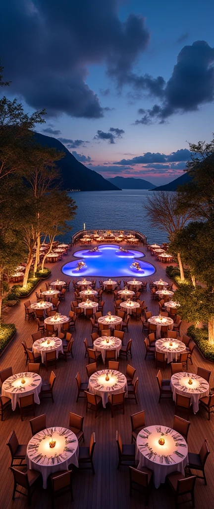 A large banquet hall on a cruise ship hole Night view Luxury Resort Hotel, Highly detailed landscape, Nice views, Shimizu, Relaxing lounge area, Impeccable service, Delicious cocktails, 海のNight viewビューを楽しめる高級レストラン, Quiet and tranquil atmosphere, romantic, Soft and warm ambient lighting, rich and vivid colors, Luxury and sophistication, Surreal,Highest quality