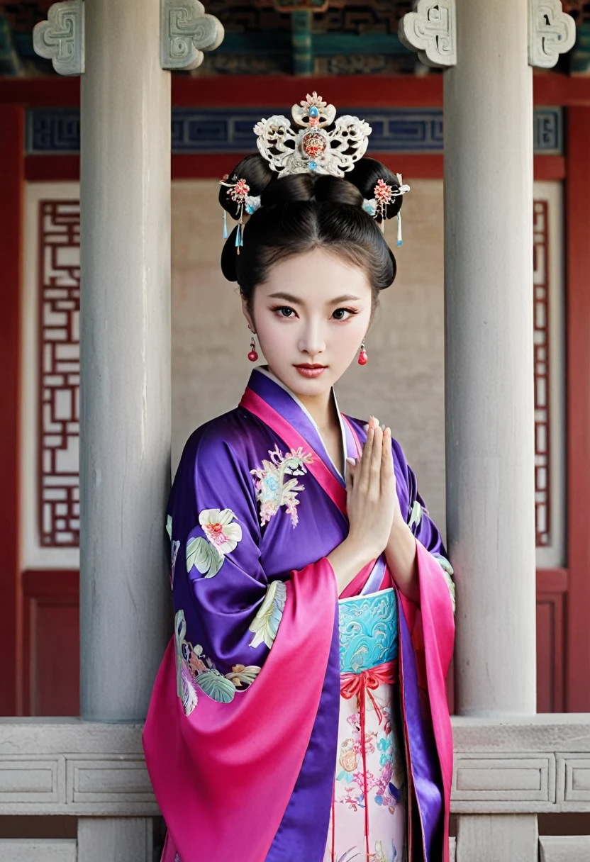 Stone letter M (pornographic pose) outside a Chinese palace during the Qing Dynasty A gorgeous Chinese courtesan with her hair tied on both sides A perverted and erotic woman wearing a crown and tying her hair is the backdrop for a gorgeous room of an empress in a Chinese court during the Qing Dynasty.