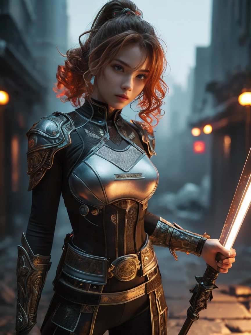 Young teenage girl, Sci-fi warrior, Looks terrible,,Fighting Stance, Holding a dagger,  Ancient Celtic Armor, Very detailed, Abandoned city in the background, Ginger Curls, Vibrant appearance, Creative Behavior, Extremely detailed, Imaginative, Sensual, Spontaneous, Highest quality, Texture, Intricate details, (Movie Lighting), original photo, 8K, masterpiece,best quality,Ultra Detailed,Very detailed的插图,Extremely detailed,Intricate details,high resolution,超级Intricate details,Extremely detailed 8K cg wallpaper,((best quality)), ((masterpiece)), (Very detailed:1.3), 3d, beautiful (Cyberpunk:1.3) Street warrior woman with thick and shapeless hair, Pistol worn on waist.China&#39;s, The female soldier stopped under the neon light，The lens is shot from the side，Her face became clearer under the light.，Blurred city silhouette in the background