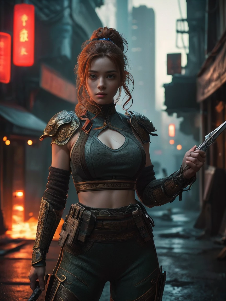 girl, Sci-fi warrior, Looks terrible,,Fighting Stance, Holding a dagger, Ancient Celtic Armor, Very detailed, Abandoned city in the background, Ginger Curls, Vibrant appearance, Creative Behavior, Extremely detailed, Imaginative, Sensual, Spontaneous, Highest quality, Texture, Intricate details, (Movie Lighting), original photo, 8K, masterpiece,best quality,Ultra Detailed,Very detailed的插图,Extremely detailed,Intricate details,high resolution,超级Intricate details,Extremely detailed 8K cg wallpaper,((best quality)), ((masterpiece)), (Very detailed:1.3), 3d, beautiful (Cyberpunk:1.3) Street warrior woman with thick and shapeless hair, Pistol worn on waist.China's, The female soldier stopped under the neon light,The lens is shot from the side,Her face became clearer under the light.,Blurred city silhouette in the background