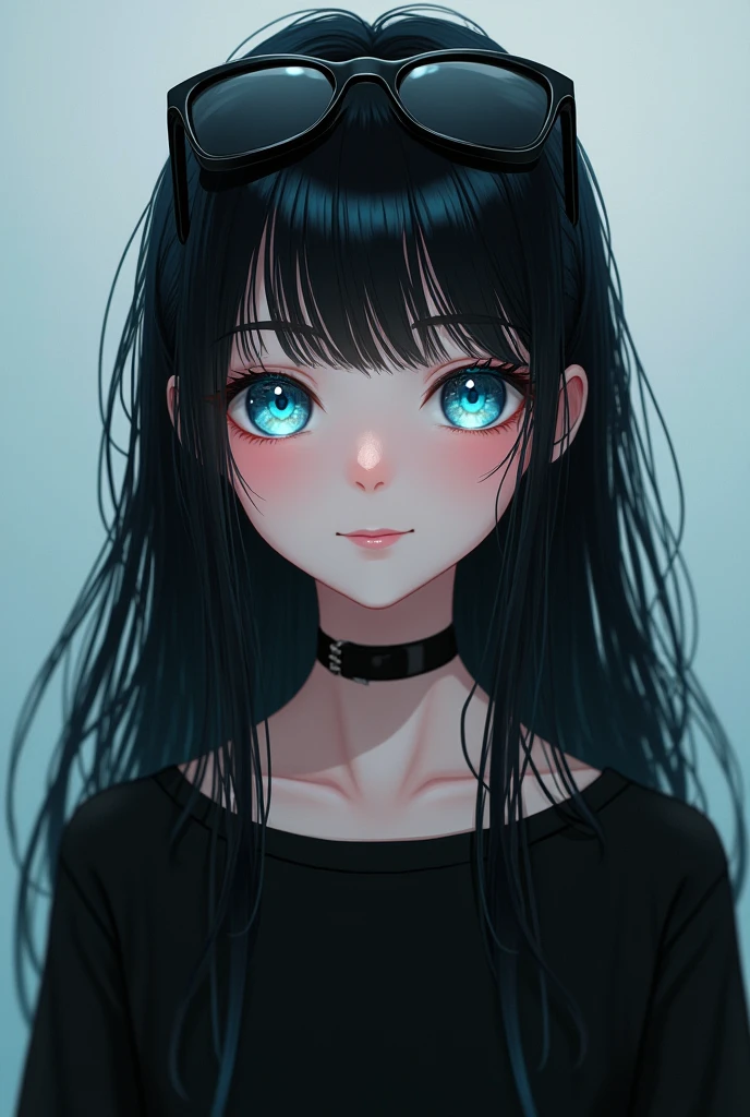 A 12-year old girl with long black hair,sea-blue diamond eyes,pale skin and wears a black shirt with black pants. Cute smile. Super cute. Sunglasses.