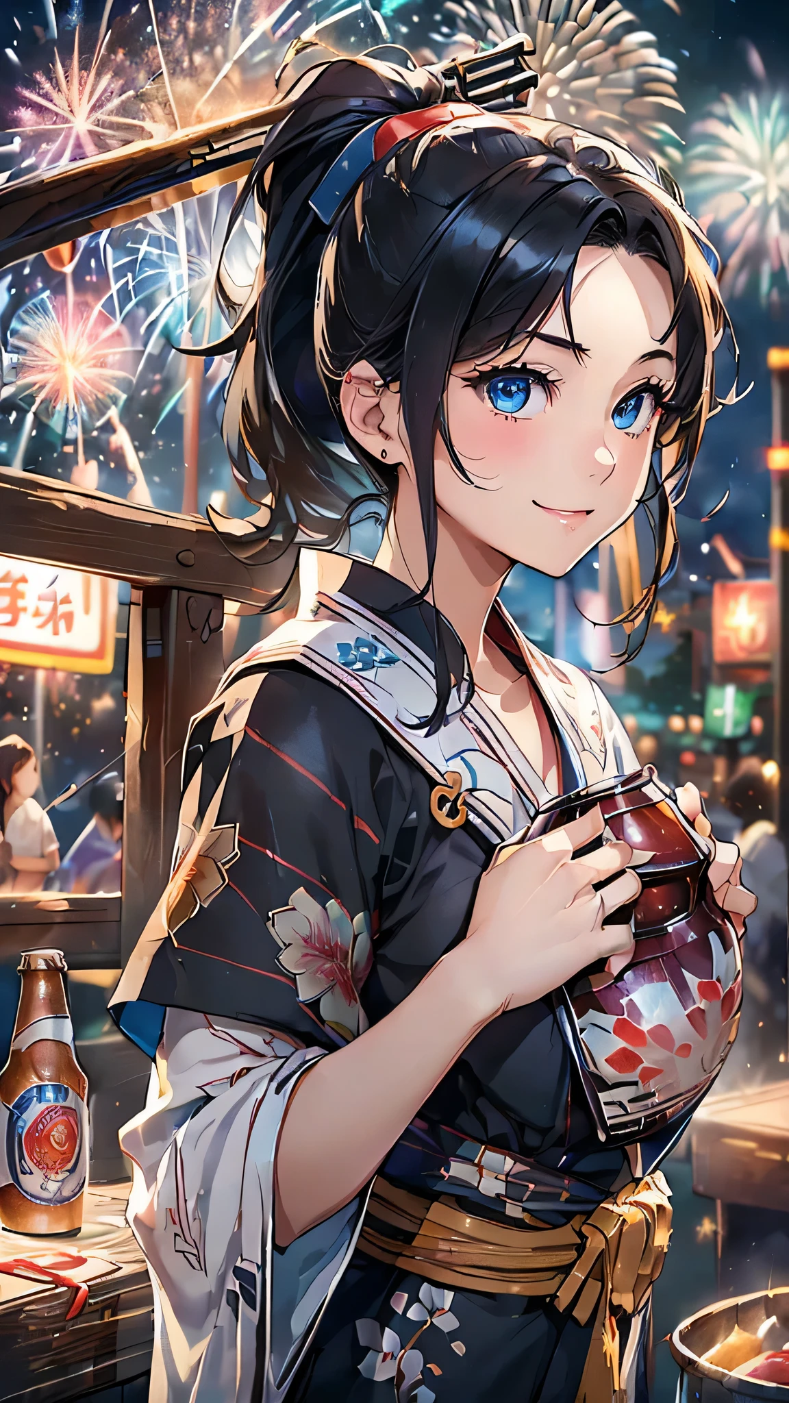 最high quality、Best image quality、masterpiece、With a girl((cute、20-year-old、Best Bust、Medium Bust、Beautiful Blue Eyes、Spread your chest wide,Black Hair、ponytail、Disheveled Hair、thin、Highest Valley、Red yukata、smile、Beer を持つ、Drunk)）high quality、Beautiful art、background((night、festival、stall、Fireworks、Beer )),Tabletop、Exquisite design、Visual Arts、Written boundary depth、Best lighting、Highest detail、8ｋ