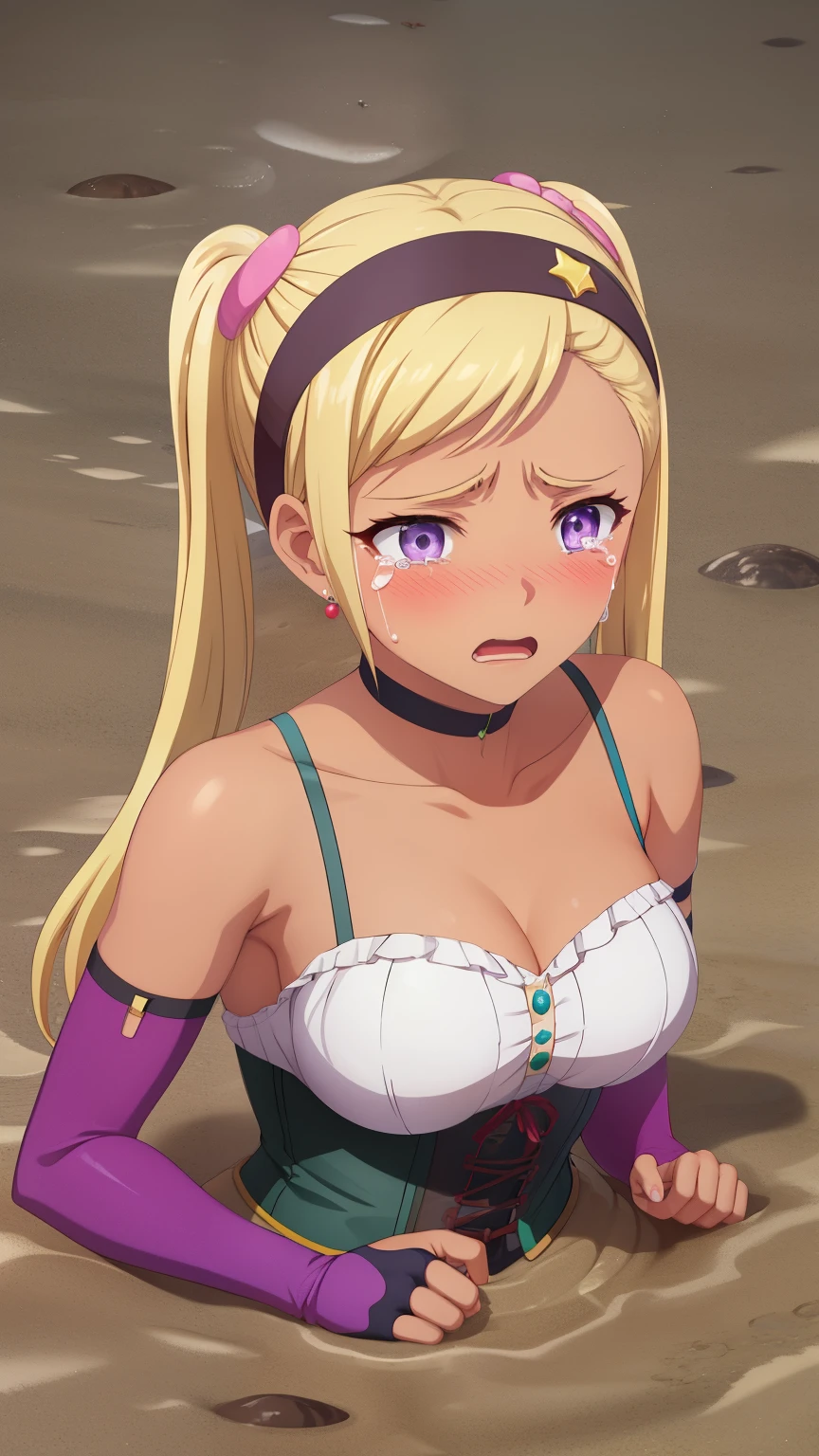 QUITTERIE RAFFAELI, LONG HAIR, BLONDE HAIR, TWINTAILS, PURPLE EYES, HAIRBAND, DARK SKIN, DARK-SKINNED girl, JEWELRY, EARRINGS, 1girl, solo, masterpiece, illustration, game CG, absurdres, highly detailed, blush, corset, elbow gloves, upset, tears in eyes, (quicksand)