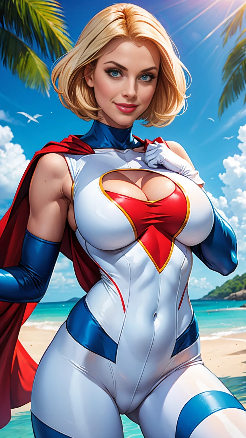 Power Girl from DC comics, blonde hair, bob hairstyle, perfect breasts, ((white sleeveless spandex bodysuit with oval cleavage cut out)), ((blue gloves)), red short cape, toned body, smile, tropical location