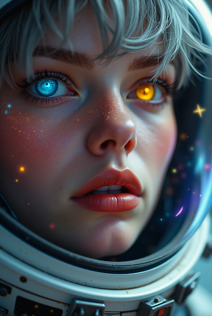 (Close-up of a better masterpiece:1.5)0.9], (Space and astronauts:1.2) (Messy silver hair:1.1) (Heterochromia xanthochromia and blue eyes:1.2) (Space Helmet:1.0) (Colored stars in the eyes:1.0) (A radiant glow:1.1) (thick lips:0.9)