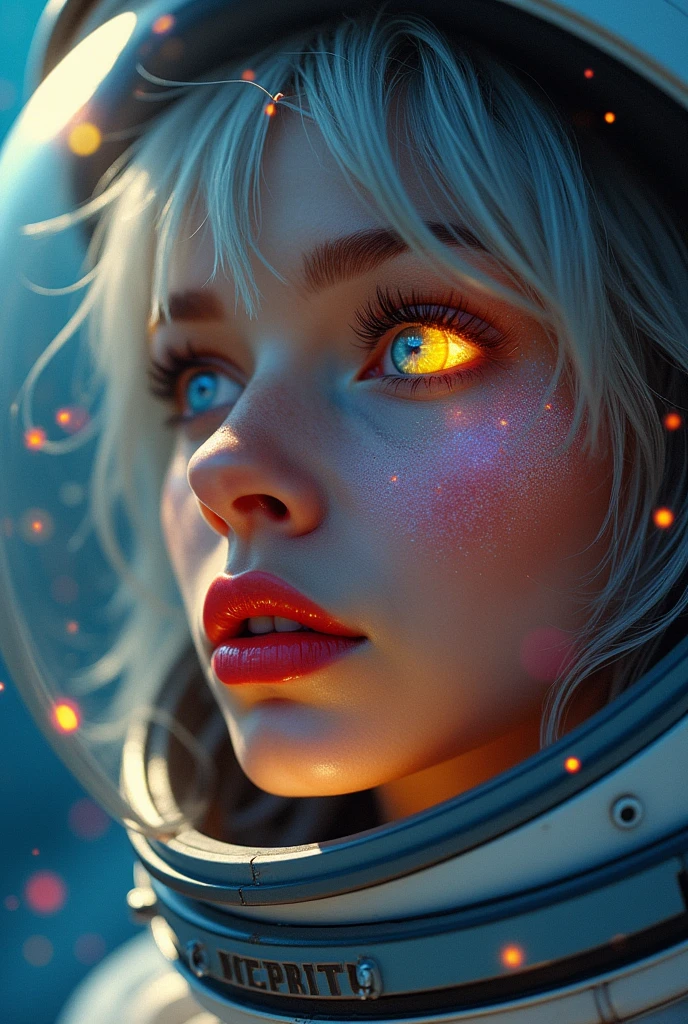 (Close-up of a better masterpiece:1.5)0.9], (Space and astronauts:1.2) (Messy silver hair:1.1) (Heterochromia xanthochromia and blue eyes:1.2) (Space Helmet:1.0) (Colored stars in the eyes:1.0) (A radiant glow:1.1) (thick lips:0.9)