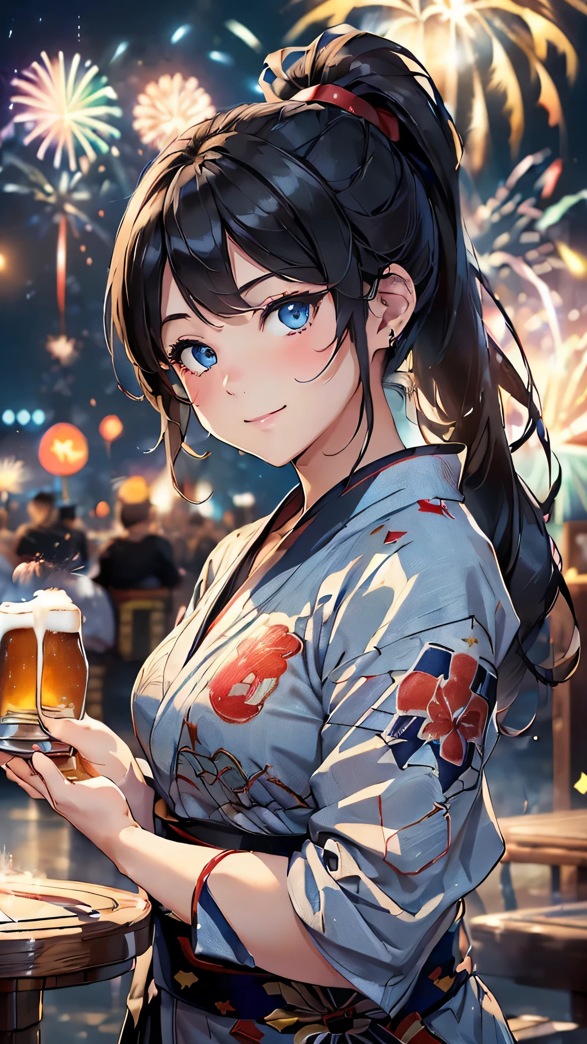 最high quality、Best image quality、masterpiece、With a girl((cute、20-year-old、Best Bust、Medium Bust、Beautiful Blue Eyes、Spread your chest wide,Black Hair、ponytail、Disheveled Hair、thin、Highest Valley、Red yukata、smile、Beer を持つ、Drunk)）high quality、Beautiful art、background((night、festival、stall、Fireworks、Beer )),Tabletop、Exquisite design、Visual Arts、Written boundary depth、Best lighting、Highest detail、8ｋ