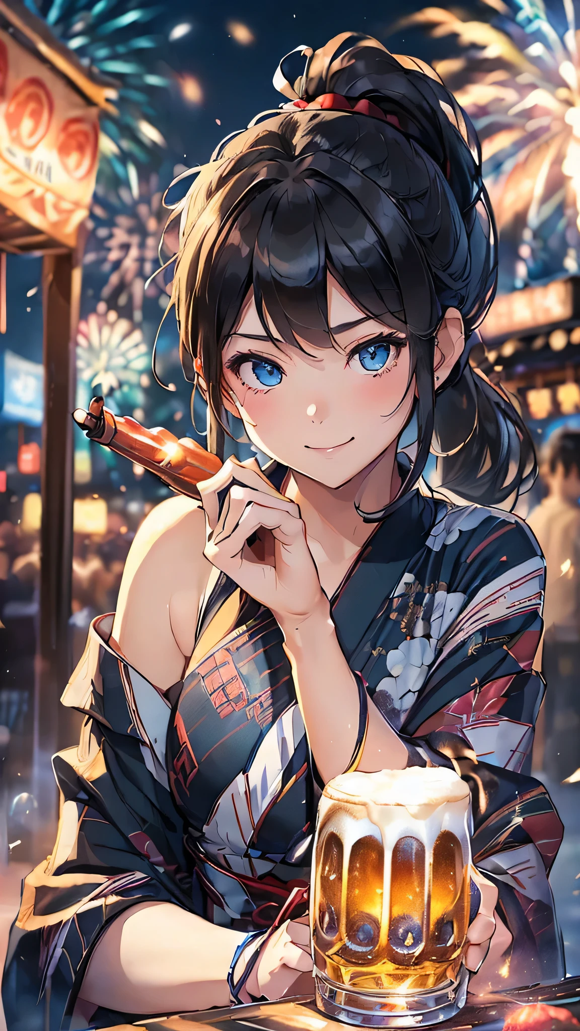 最high quality、Best image quality、masterpiece、With a girl((cute、20-year-old、Best Bust、Medium Bust、Beautiful Blue Eyes、Spread your chest wide,Black Hair、ponytail、Disheveled Hair、thin、Highest Valley、Red yukata、smile、Beer を持つ、Drunk))high quality、Beautiful art、background((night、festival、stall、Fireworks、Beer )),Tabletop、Exquisite design、Visual Arts、Written boundary depth、Best lighting、Highest detail、8k
