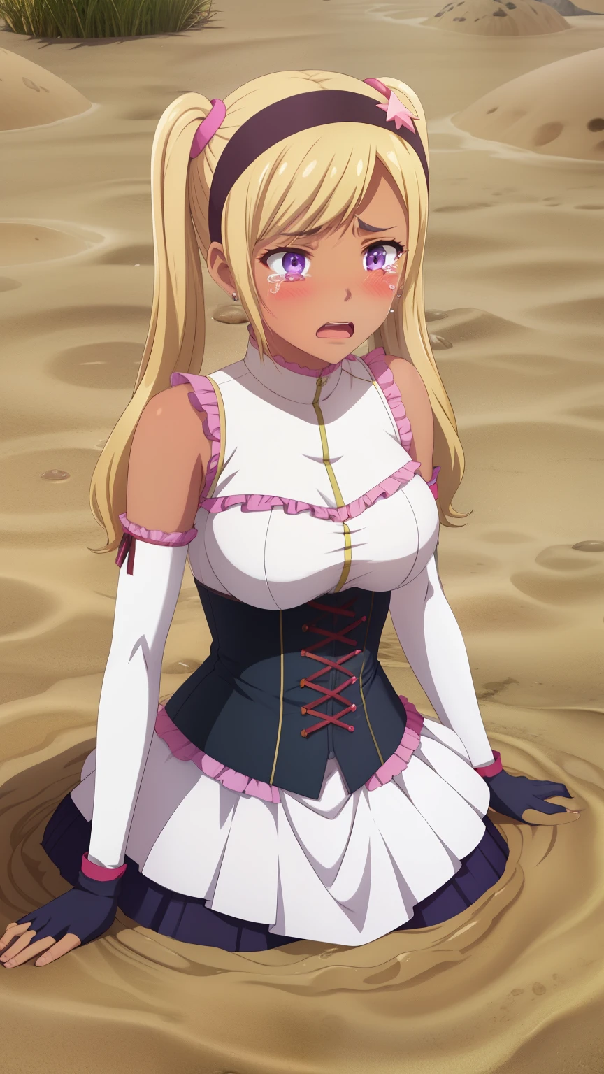 QUITTERIE RAFFAELI, LONG HAIR, BLONDE HAIR, TWINTAILS, PURPLE EYES, HAIRBAND, DARK SKIN, DARK-SKINNED girl, JEWELRY, EARRINGS, 1girl, solo, masterpiece, illustration, game CG, absurdres, highly detailed, blush, corset, elbow gloves, upset, tears in eyes, (quicksand)