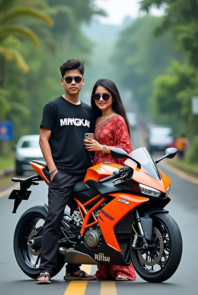 16 year old Indonesian couple, a boy wearing a t-shirt complete with pants with “MINGKAK” written in bold letters on the t-shirt and a girl wearing a Saree both posing with a beautiful road backdrop having a KTM R1five bike, and also some vehicles on the beautiful road, plant, Trees, The girl is holding the phone and the boy is looking at the camera and both of them look very cute., handsome, stylish hair, sunglasses create a strange atmosphere Ultra quality images 100k Join Telegram