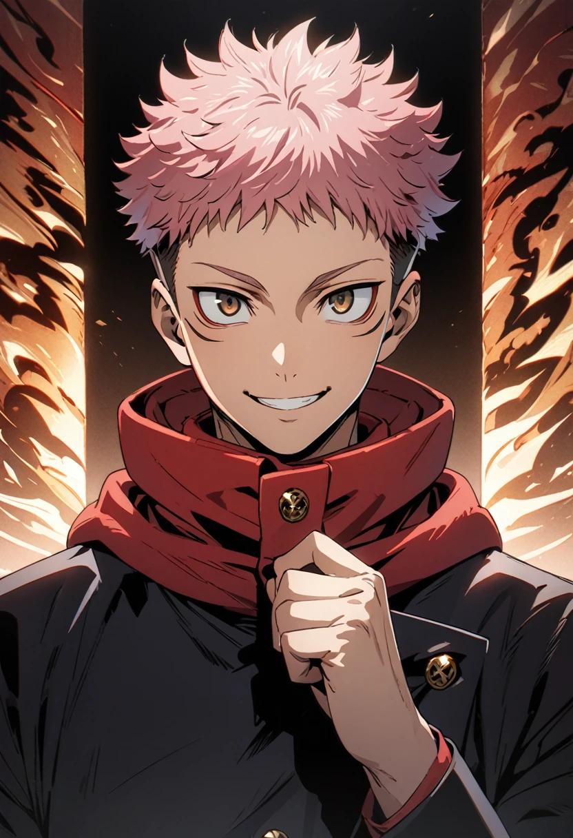 masterpiece, best quality, 1boy, itadori yuuji, pink hair, spiked short hair, undercut, brown eyes, facial mark, red hoodie, gakuran, jacket, upper body, solo, looking at viewer, smile, simple background best quality, high resolution, distinct image, Cinematic light, intricate_detail, highres, official art, finely detailed beautiful face, high-resolution illustration, 8k, dark intense shadows,  Dynamic Range, tonemapping, crisp details, Beautiful Finger,Beautiful body,Beautiful Nose,Beautiful character design, (perfect eyes), perfect face,expressive eyes,perfect balance, rule of three