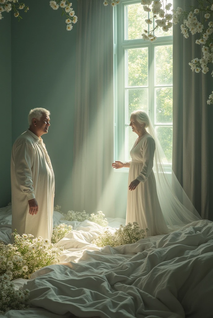 Description of the scene: Astral Projection You are in your room, lying on a double bed. When leaving the body, feel your feet touch the ground. Wears modest white clothes and, looking at the bed, sees an elderly version of herself lying next to a thin man, also elderly, with white hair, both dressed in white. They get up and send you into an astral projection.
In this new environment, a family member stirs a cauldron of boiling water, enquanto a versão mais velha dand you mesma, that was in the room, is next to that person. She pours hot water over the family member., and you, scared, warns that it will burn. The lady, with identical appearance to yours, but older, smiles sweetly and says: "It won't hurt, only what we allow hurts". You get the message, calms down and walks away, walking backwards.
The elderly man starts talking to you as you walk side by side. After some time, the lady warns that it is time to return, mas pede quand you observe ao redor. You find yourself on a corner, in front of a house with glass windows, surrounded by daisies. Other similar and more daisy-shaped houses are visible ahead.. A path with people dressed in modest white stretches out under the sunlight, that illuminates everything, providing a sense of peace and relief.
Suddenly, you return to the room and see a friend dressed in black, who smiles strangely as she folds her clothes, Without saying a word. Você acorda scared, realizing it was an astral projection.