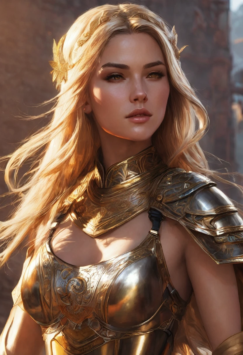 hair: Orange almost yellow, like the sun at its highest point, waist-length with loose strands framing her face.
eyes: Reddish orange, like the sun at sunset, with golden flashes that seem to burn intensely.
face: oval, with high and defined cheekbones, straight nose and full, sensual lips.
Personality: Aethera is a strong and agile warrior, with a determination and courage that leads her to face any challenge. She is passionate and exciting, with a free and wild spirit that makes her irresistible.
Skills: Aethera is an expert in swordsmanship, With a technique and skill that makes her almost invincible in combat. It is also agile and fast, able to move with grace and precision. Put some light armor on him and make him look sexy