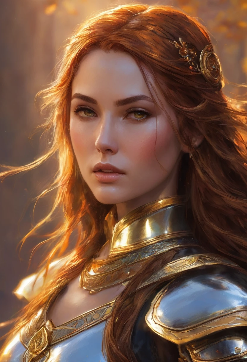 hair: Orange almost yellow, like the sun at its highest point, waist-length with loose strands framing her face.

eyes: Reddish orange, like the sun at sunset, with golden flashes that seem to burn intensely.

face: oval, with high and defined cheekbones, straight nose and full, sensual lips.
Personality: Aethera is a strong and agile warrior, with a determination and courage that leads her to face any challenge. She is passionate and exciting, with a free and wild spirit that makes her irresistible.

Skills: Aethera is an expert in swordsmanship, With a technique and skill that makes her almost invincible in combat. It is also agile and fast, able to move with grace and precision. Put some light armor on him and make him look sexy