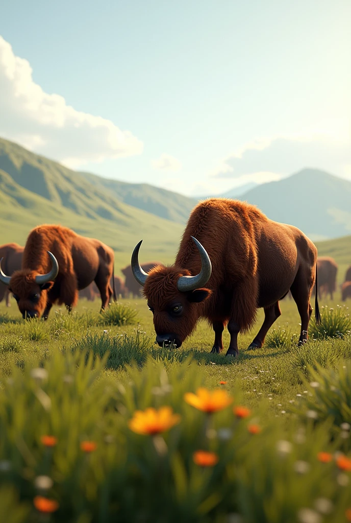 Buffalo grazing in ground seeing in camera