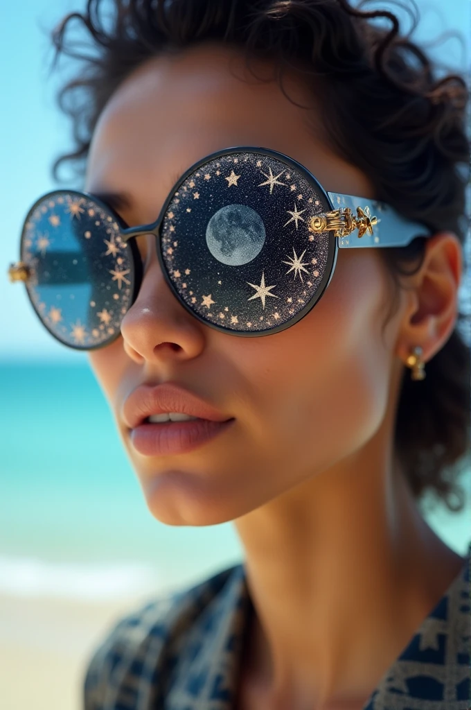 The model is wearing glass sunglasses with stars and the moon on the glass