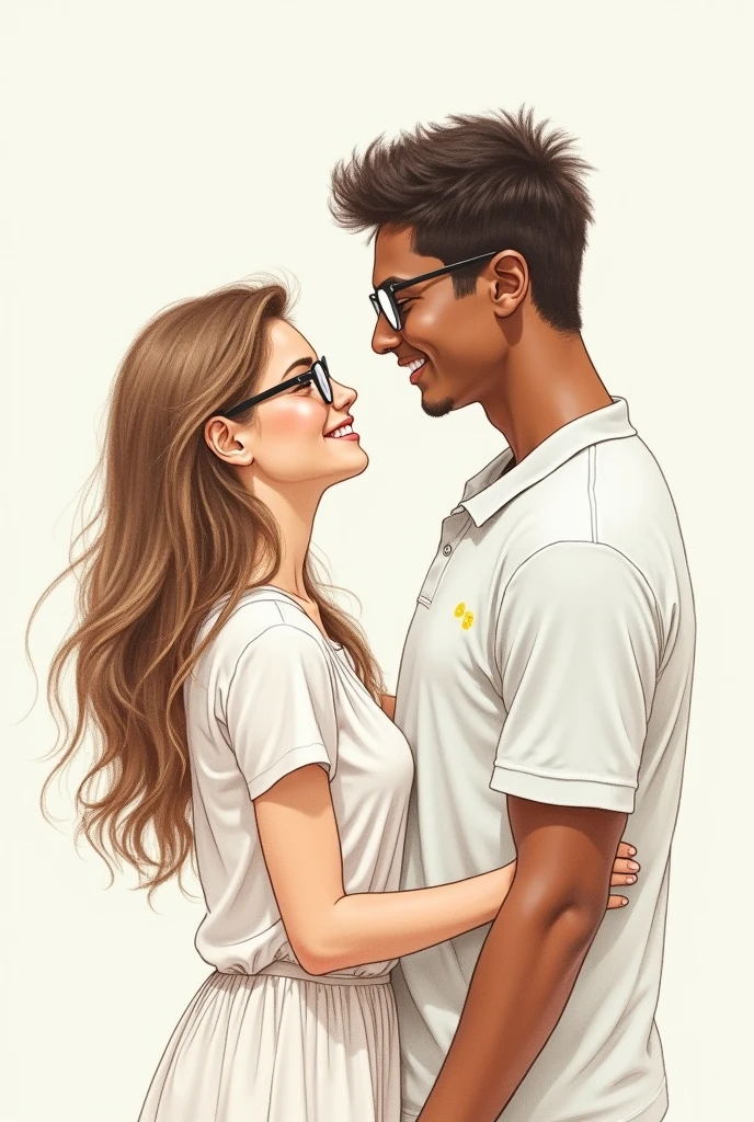 A drawing of a couple with their year of birth 2005 female and 2006 male, the white girl and the dark-skinned boy, and both wear glasses 