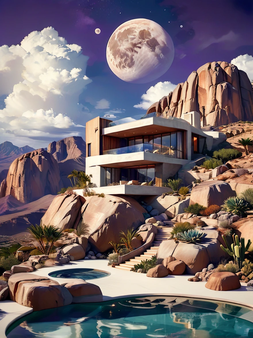 small and beautiful modern house in top of big boulders, terraces, pool, stairs, multiple cacti gardens, palms, trees, rocks, beautiful landscape design, mountains and volcano y background, amazing clouds, sun, moon, planets, milky way galaxy, concrete, wood, glass and steel materials, olive green, violet, orange and withe colors in facade
