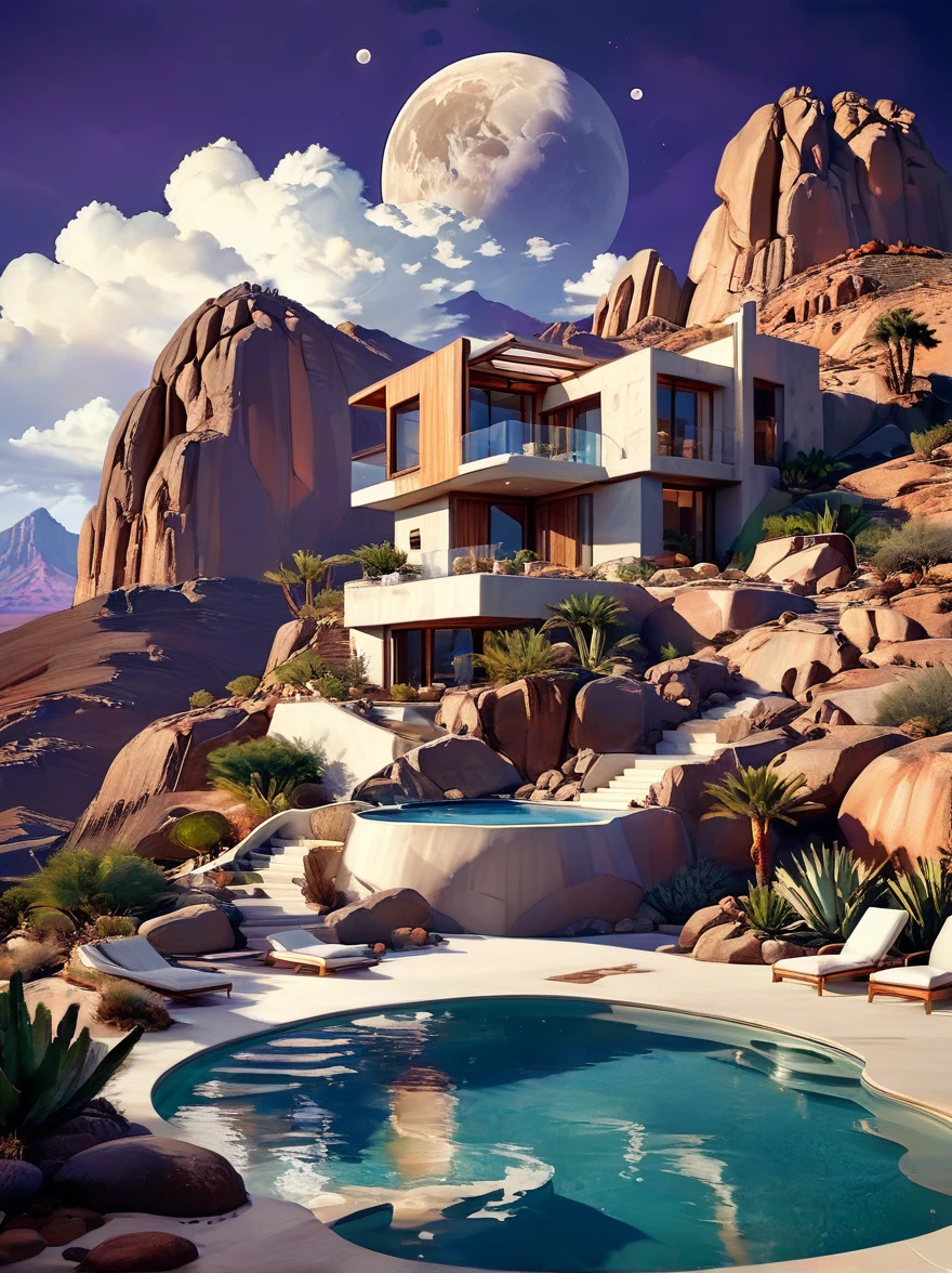 small and beautiful modern house in top of big boulders, terraces, pool, stairs, multiple cacti gardens, palms, trees, rocks, beautiful landscape design, mountains and volcano y background, amazing clouds, sun, moon, planets, milky way galaxy, concrete, wood, glass and steel materials, olive green, violet, orange and withe colors in facade