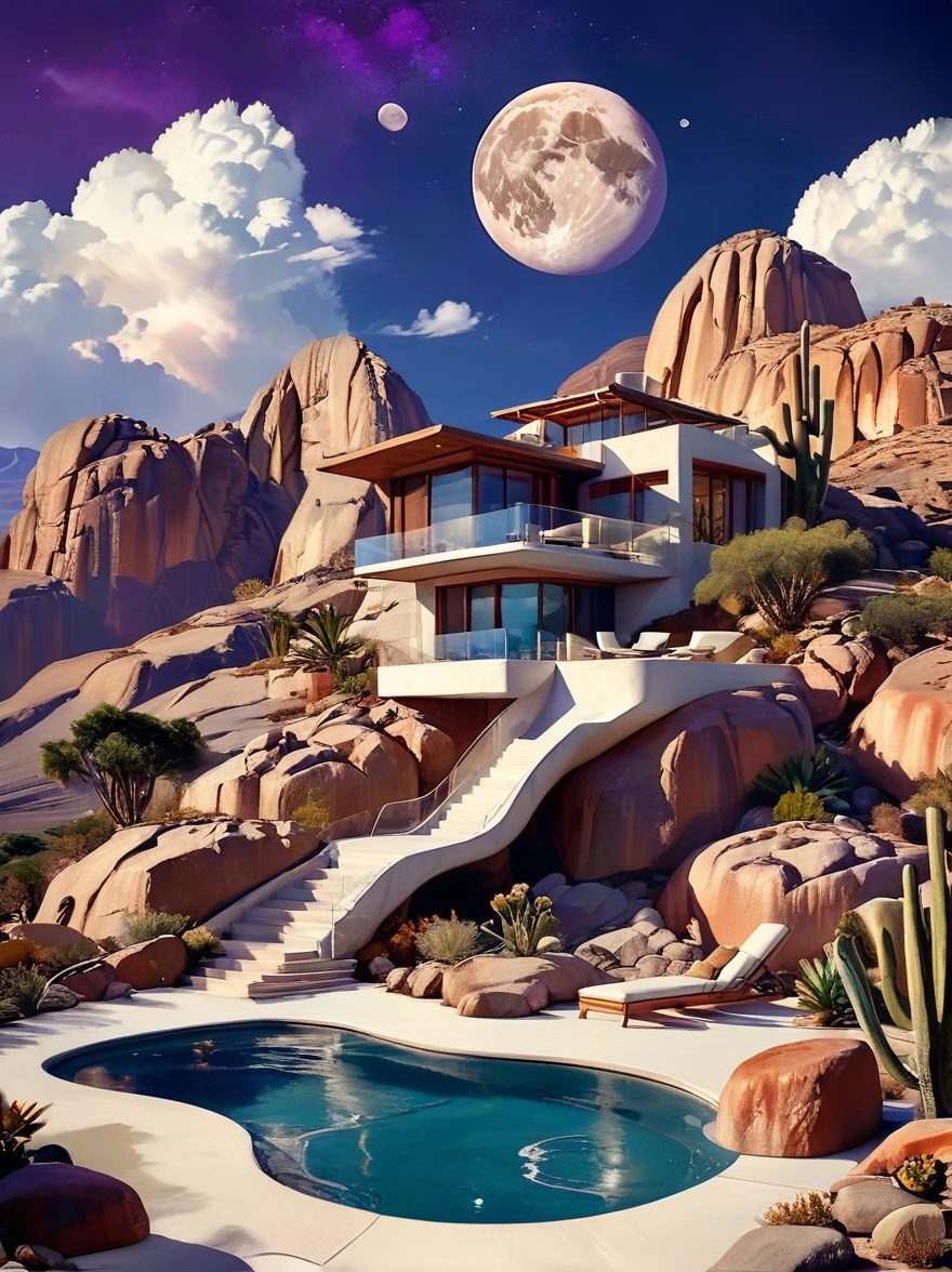 small and beautiful modern house in top of big boulders, terraces, pool, stairs, multiple cacti gardens, palms, trees, rocks, beautiful landscape design, mountains and volcano y background, amazing clouds, sun, moon, planets, milky way galaxy, concrete, wood, glass and steel materials, olive green, violet, orange and withe colors in facade